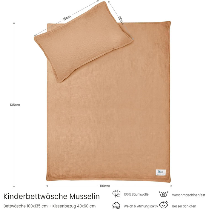 Постільна білизна для дитячого ліжечка Lulumoon з мусліну 100x135: комплект простирадла 100x135 + наволочка 40x60 см з бавовни Oeko-TEX Standard – легка та комфортна постільна білизна для малюків та дітей (муслін-колір, 100x135 см + 40x60 см)