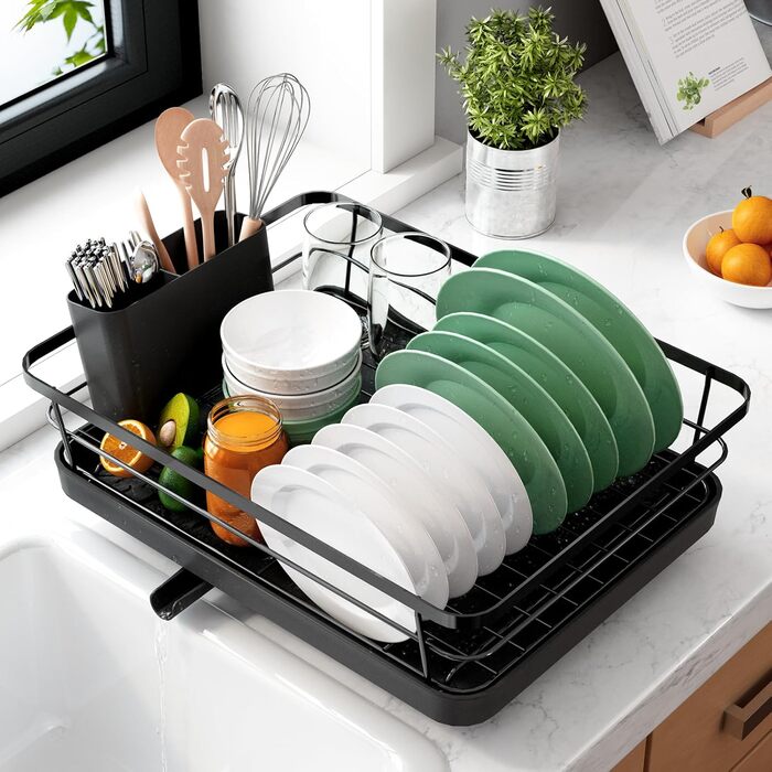 Dish Drying Rack, Space-Saving Dish Rack, Dish Organizer for Countertop, Durable Kitchen Drying Rack Made of Stainless Steel with Cutlery Holder, Dish Drying Stand