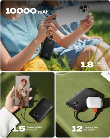 Повербанк VIYISI 10000mAh ультратонкий із вбудованим кабелем USB-C, чорний