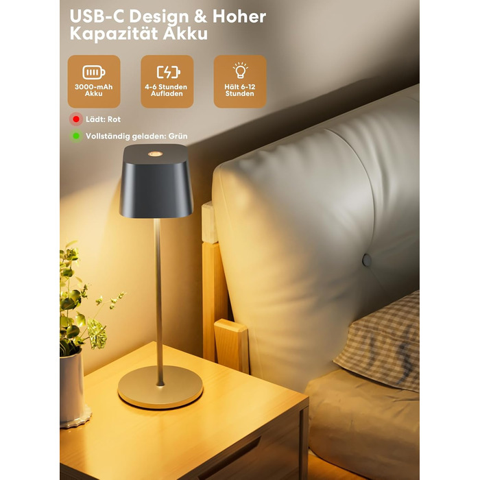 Акумуляторна настільна лампа LED бездротова з USB-C, 3 кольори світла (3000-6000K), диммується, водонепроникна IP54, алюмінієва (Сіра)
