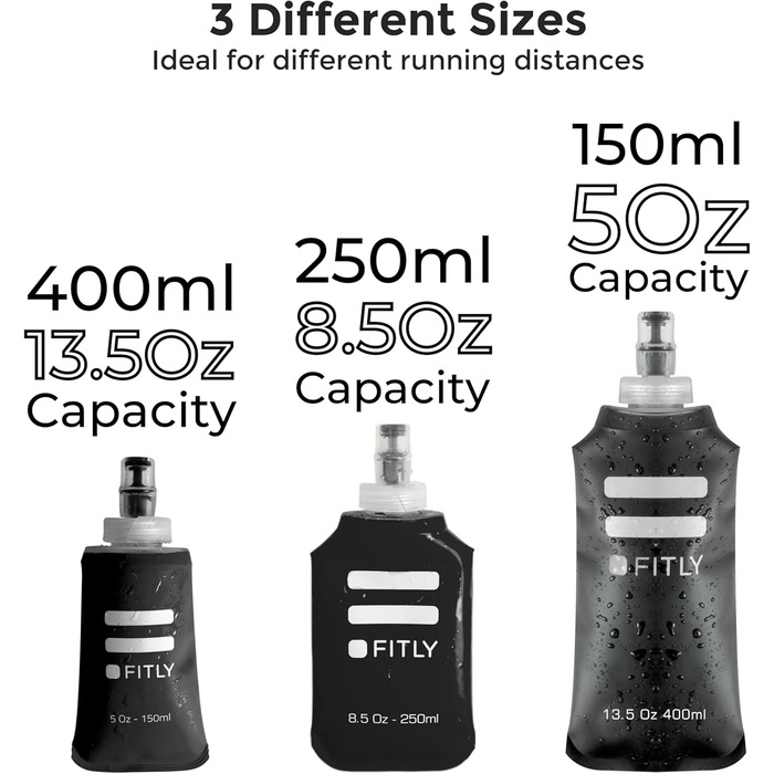 FLASKS Combo – 3 soft drinking bottles for hydration while running, hiking, cycling, climbing – Foldable water bottles (150–250 – 400 ml) – Black