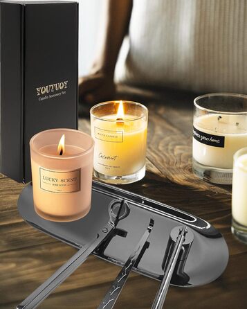 YOUTUOY 4-in-1 Candle Accessory Set with Tray, Wick Trimmer, Wick Snuffer, Storage Tray, ideal for scented candle lovers (Black Silver 4-in-1)