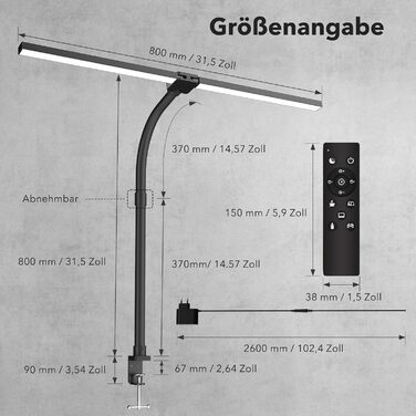 LED лампа настільна Jeebel 24W з двома головками, регулювання яскравості, 1800LM, 80 см, з пультом дистанційного керування, кріплення, 10 температур кольору, 10 рівнів яскравості, для офісу