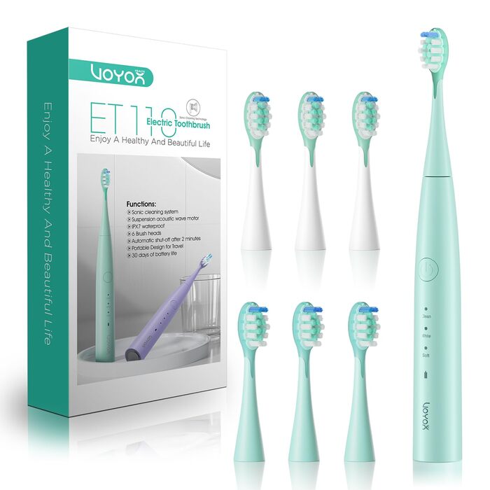 Електрична звукова зубна щітка Ultraschall ET110 (41000 VPM, 70 днів, 6 насадок, таймер, IPX7, зелена)