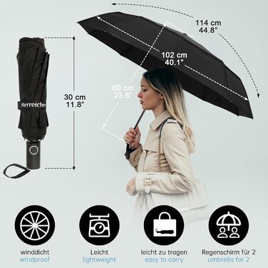 Чорний парасолька Herreicher туристичний автоматичний штормостійкий з алюмінієвим каркасом, компактний, 102 см, 10 спиць, для чоловіків/жінок/дітей/літніх людей