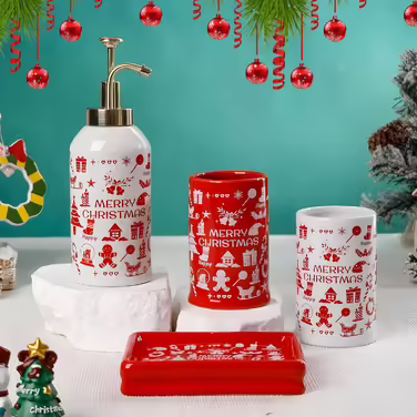 4-Piece Ceramic Bathroom Set, Artistic Line Face Bathroom Accessories Set with Soap Dispenser, Toothbrush Holder, Cup, Soap Dish, Abstract Bathroom Set for Decor, Cream (Merry Christmas)