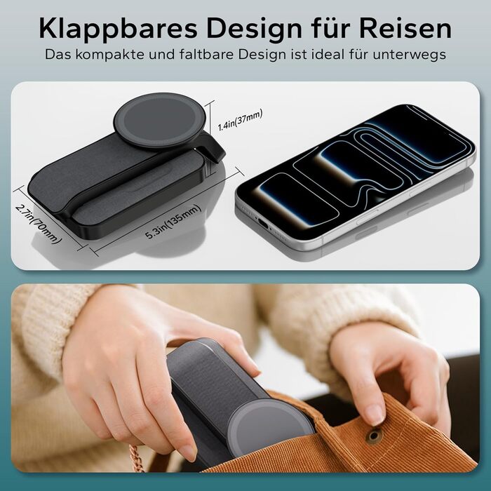 Сумка-органайзер для Apple Watch та iPhone з MagSafe, чорна: зарядка 3-в-1 для iPhone 17, 16, 15, 14, 13, 12 Pro Max