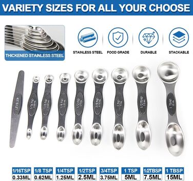 14-Piece Measuring Cup and Magnetic Measuring Spoon Set, Stainless Steel, 5 Measuring Cups with Silicone Handles, 8 Double-Sided Magnetic Measuring Spoons, and 1 Leveler (no duplicate specifications), Black