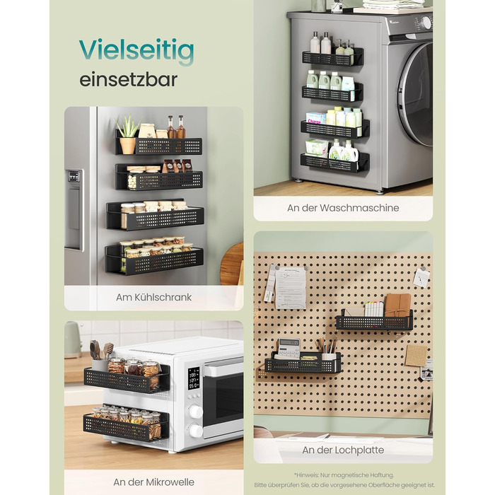 SONGMICS Магнітна полиця для спецій, 4 шт. (2 великі, 2 маленькі), без свердління, для кухні, холодильника, мікрохвильової печі, пральної машини, чорний, сталь