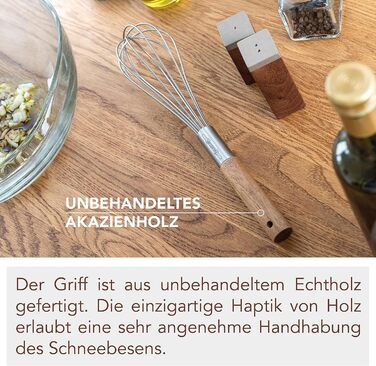 Преміум вінчик для збивання з дерев'яною ручкою з акації 28 см - високоякісний вінчик для збивання з нержавіючої сталі для кухні (стійкий до корозії) - дизайнерський вінчик та ручний вінчик з дерева