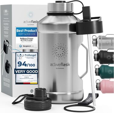Спортивна пляшка з нержавіючої сталі ACTIVE FLASK 2 л з трубочкою, 3 кришки, BPA-free, не протікає, для газованої води, XL пляшка для спорту, фітнесу, туризму