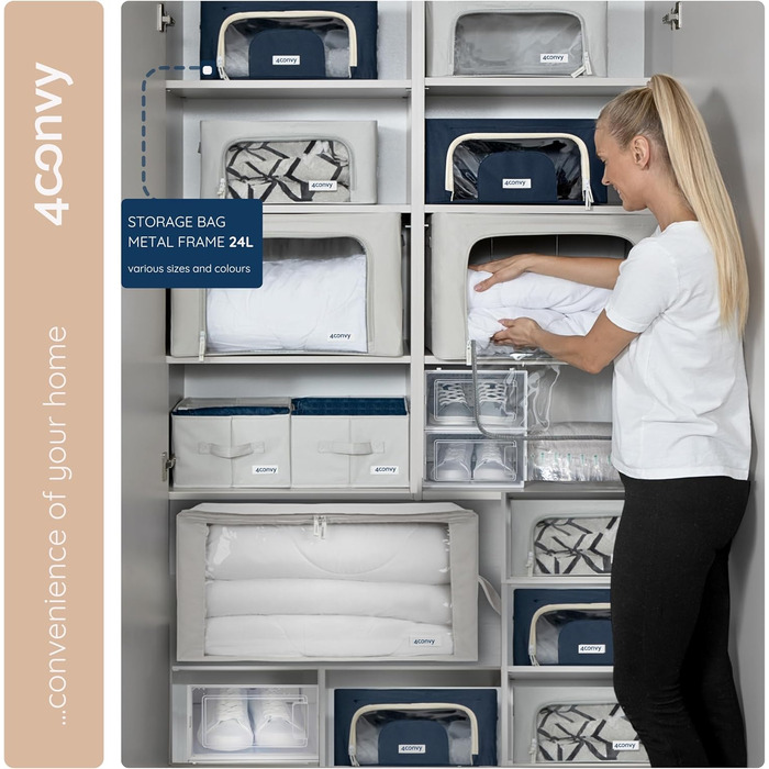Складана коробка для зберігання одягу 4CONVY з блискавкою та металевим каркасом (3x24L, блакитна) – [2024, покращений матеріал]