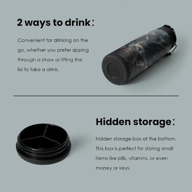 BOTTLE BOTTLE Stainless Steel Water Bottle 24oz (709ml) with Straw Handle and Pill Compartment for Outdoor School, Insulated Sports Bottle (Meteorite)