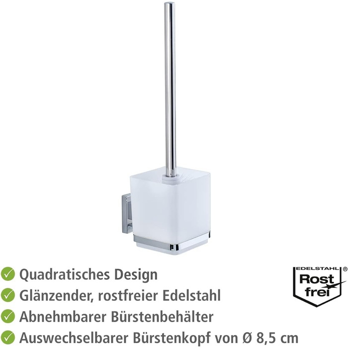 WENKO Vacuum-Loc® Bathroom Wall Shelf Quadro Maxi, with 2 tiers, 38.5 x 8.5 x 14.5 cm & Vacuum-Loc® Wall Toilet Set Quadro, toilet brush with open brush holder, 9.5 x 37 x 12.5 cm
