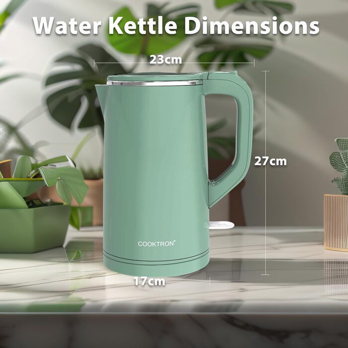 Cooktron Leiser Kettle, Stainless Steel Kettle 1.7L, Extra Quiet <30dB, BPA-Free, 2000W, Cool Touch, Double-Walled Design, Fast Heating, Green 1.7 Liter Green
