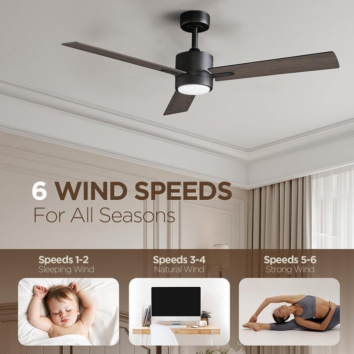 Стеляний вентилятор з підсвіткою та пультом керування: 132 см, сучасний дизайн для спальні. Тиха DC мотор, регульована трикольорова LED-підсвітка, реверсивна функція, для приміщень та вулиці, 220~240V (3 - горіх)