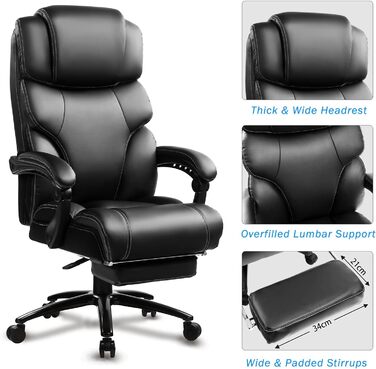 KCREAM Ergonomic Leather Office Chair with Footrest - High Back Executive Desk Chair, Adjustable Armrests, Swivel, Height Adjustable (Black)