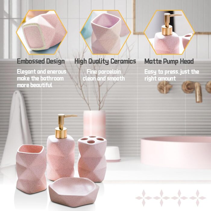 Bathroom Accessories Set, including soap dispenser, toothbrush holder, cup, soap dish, modern, elegant, bathroom organizer, ceramic bathroom decor set (Pink)