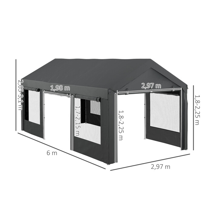 Outsunny Carport 6x3m Party Tent Adjustable Height Car Garage with 4 Mesh Windows and 4 Doors for Cars and Trucks Made of Steel