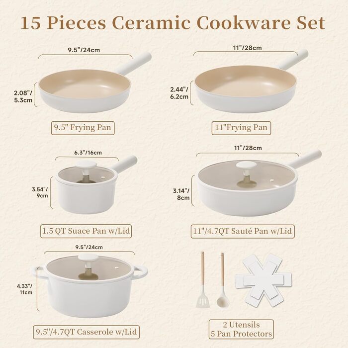 Набір посуду JEETEE 17 предметів з антипригарним покриттям Ceramic, знімні ручки. Комплект каструль та сковорідок 16/20/24/28 см, глибока сковорода 28 см. Підходить для всіх типів плит, можна використовувати в духовці.