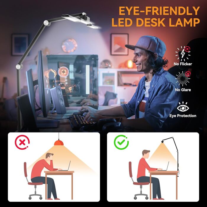 LED лампа для столу Rigors 60 см з двома головками, диммування, 900 лм, денне світло, захист очей, кріплення, 5 кольорів, 10 рівнів яскравості, гнучкий шийка 360°, з адаптером живлення (Th-black)