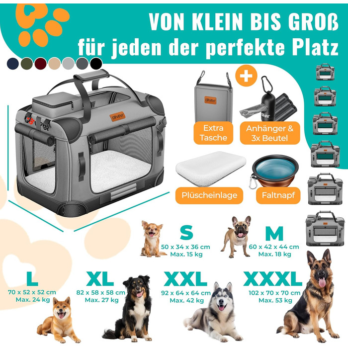 Транспортна переноска для собак та котів M 60x42x44 см | Складана переноска для тварин з мискою та плечовим ременем | Для котів та собак, сірий колір