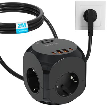 Розподільник розеток з USB-C, 4 розетки, плоский штекер, індивідуальне вмикання, куб з кабелем 2м для офісу, дому, подорожей - білий