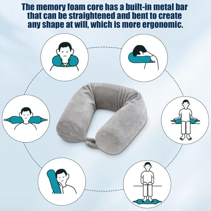 Подушка для шиї у вигляді U, Memory Foam, з чохлом, навушниками, маскою для сну, сіра. Для подорожей, авто, офісу