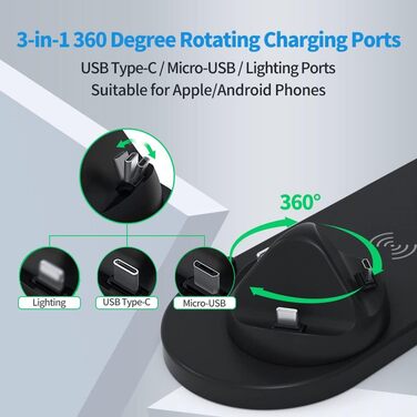 База для бездротової зарядки 6-в-1, 360° обертання, сумісна з Apple, Micro, Type-C, Qi, iWatch, AirPods, iPhone, Samsung Galaxy, чорний