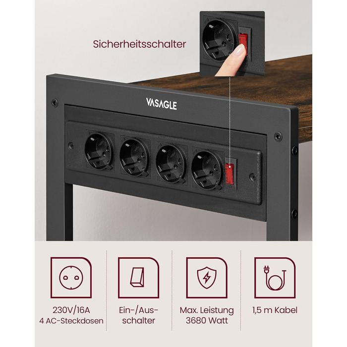 Стелаж кухонний VASAGLE з розетками, підлоговий з 2 металевими кошиками, стелаж пекаря з гачками, полиці, 35 x 80 x 93,5 см, індустріальний дизайн, вінтажний коричневий + чорний, KKS196K01