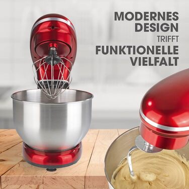 Gourmetmaxx Kitchen Machine with Kneading and Whisking Function | Powerful kitchen machine with a large 5-liter stainless steel bowl and direct drive | Includes whisk attachment, dough hook & beaters [1,500 watts] Metallic Red