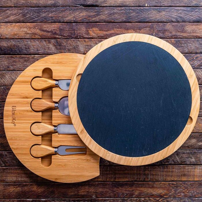 Bamboo Cheese Board with Cheese Knife Set and Slate Plate – Wooden Serving Platter for Cheese and Appetizers – 30cm Rotating Cheese Board – Round Serving Board – Cheese Board Charcuterie Board