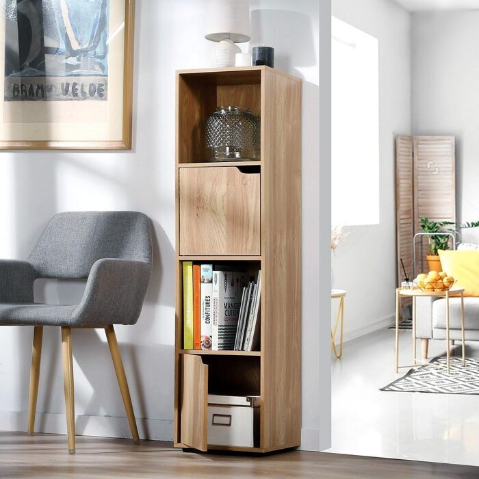 Calicosy - Regal with 4 compartments in wood-look finish - 2 sliding doors - Modular storage furniture - Solid and functional - Bedroom, living room, office - Contemporary design - B30.7 x D29 x H120cm