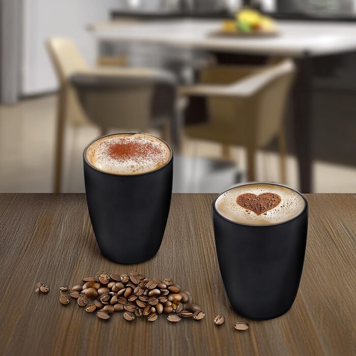 Набір чашок для кави та чаю 6 шт. 340 мл, чорний матовий, кольорові всередині. Керамічні чашки з ручкою та без.