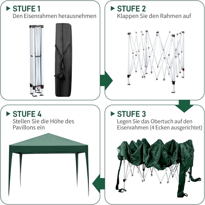 LEADZM 3x3m Pavilion, Pop-up Folding Pavilion, Stable, Waterproof, Steel Frame, Adjustable Height, UV Protection 50+, Garden Tent, Party Tent, for Garden, Party, Camping (Green)