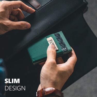 Чоловічий гаманець для карток VULKIT з EDC-відсіками, вікном для ID та RFID-захистом, Pop-Up механізм, металевий тонкий картхолдер (колір: нічний зелений)
