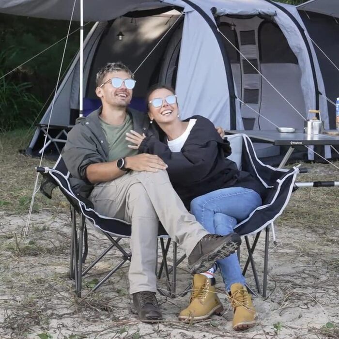 Кампанінг стілець подвійний великий, м'який, з підсклянником, складаний для 2 осіб, чорно-білий