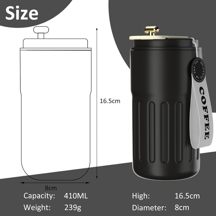 Термокружка для кави HomeAlexa з цифровим дисплеєм, 410 мл, нержавіюча сталь 316, ізольована, з кришкою, чорна