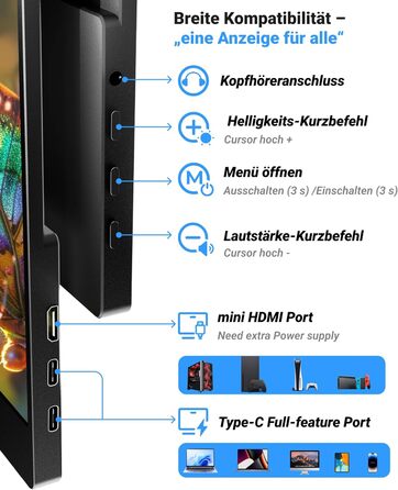 Портативний монітор Ingnok 15.6 дюймів, FHD 1080P IPS з підставкою, для ноутбука, ПК, Mac, PS3/4/5/X-box, USB-C & HDMI, 15.6 (підставка)