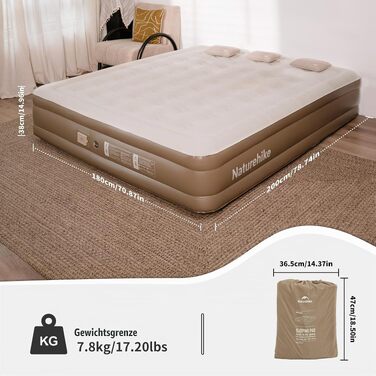 Самонадувний кемпінговий матрац Naturehike для 3 осіб (200x180x38 см) з вбудованим акумуляторним насосом, зручний надувний матрац для кемпінгу, відпочинку на природі та дому