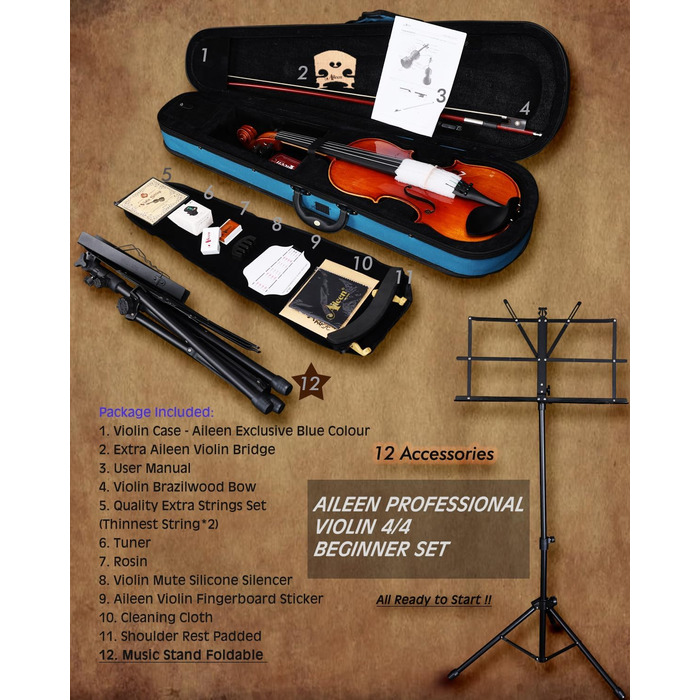 Скрипка Aileen 4/4 для дорослих та початківців, набір для дітей від 12 років, скрипка з цільної європейської сосни з підставкою для нот