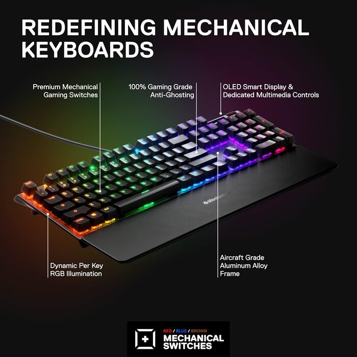 SteelSeries Apex 7 - Механічна ігрова клавіатура з OLED дисплеєм - Червоні перемикачі - Розкладка DE (QWERTZ)