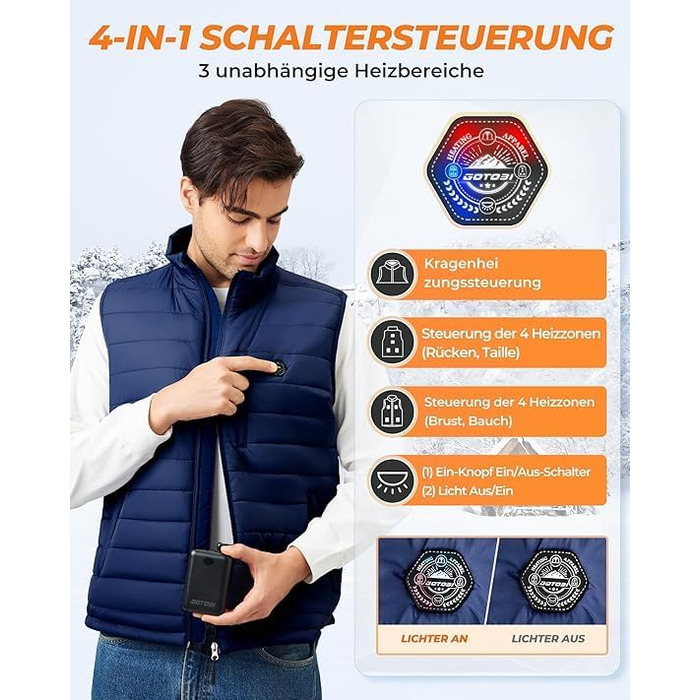 Обогреваемый жилет для мужчин с powerbank 16000mAh - 9 зон обігріву, 3 температурні режими, для активного відпочинку та велоспорту (синій, XL)