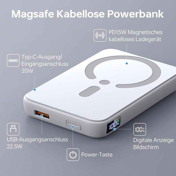 Power Bank 12000mAh з MagSafe, висувним підсвічуванням та USB-A виходом 22.5W PD, LED-дисплей, Type-C, білий