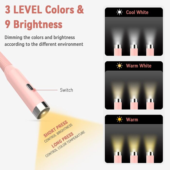 Лампа для рукоділля Diboniur на шию, акумуляторна, 3 кольори світла, 3 рівні яскравості, гнучка, USB для читання, в'язання, кемпінгу (Рожева)