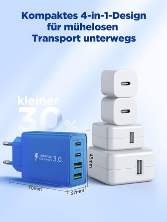 Багатопортовий зарядний пристрій Aioneus USB-C з 4 портами (USB-C та USB-A), 40W, PD 3.0, для iPhone, Samsung, білий (1 шт., колір: морська хвиля)