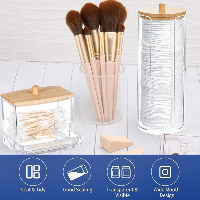 Набір з 3 ватпадносховища, контейнер для ватних паличок – практичне зберігання ватних дисків та паличок у ванній кімнаті. З бамбуковим кришками, економія місця та захист від пилу.