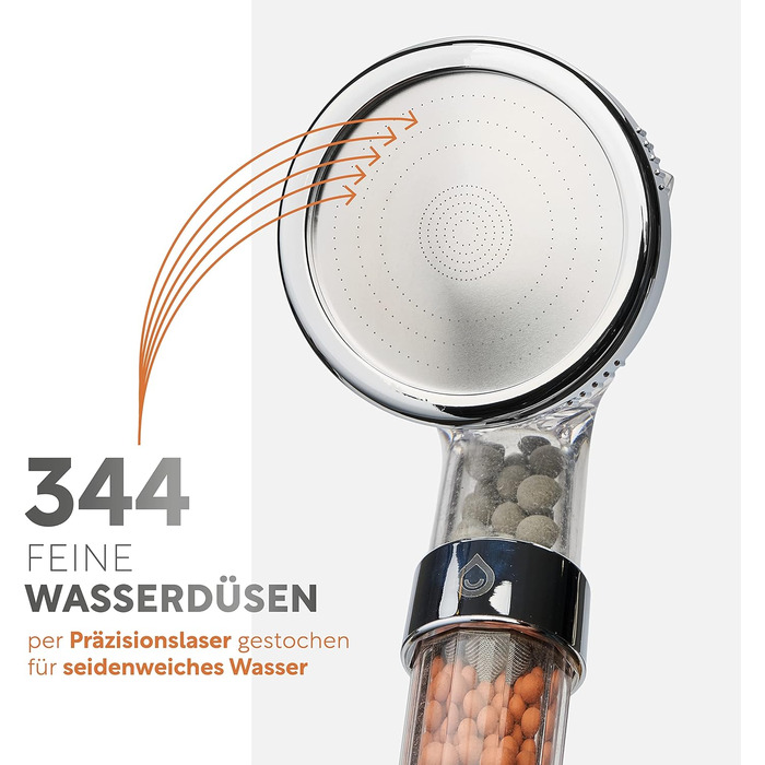 Premium showerhead with mineral stones from happydrop - The water-saving hand shower with pressure-increasing effect and 3 spray patterns