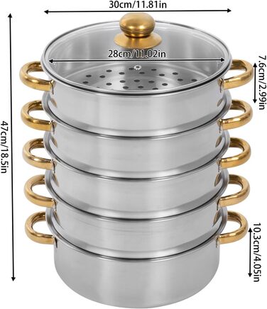 Каструля-пароварка 28 см з 5-шаровою конструкцією та скляною кришкою, з нержавіючої сталі, для приготування на пару, сумісна з індукцією (золота, срібна)