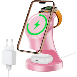 3-в-1 Мережевий Зарядний Пристрій MagSafe, Бездротова Зарядка для iPhone 17/16/15/14/13/12/Plus/Pro Max/Mini, Apple Watch 9/8/7/6/SE/5/4/3/2, AirPods Pro/2/3 (Рожевий)